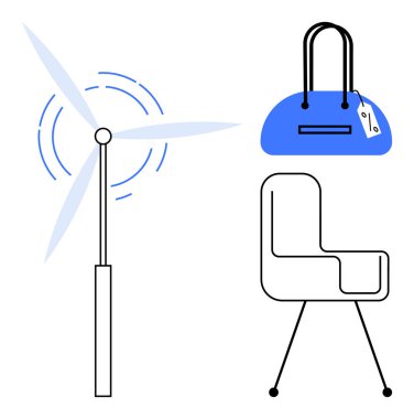 Rüzgar türbini, dönen bıçaklar, mavi el çantası ve modern sandalye. Sürdürülebilirlik, moda, iç tasarım, çevre dostu, yenilikçi yenilenebilir enerji ve yaşam tarzı temaları için ideal. Satır metaforu