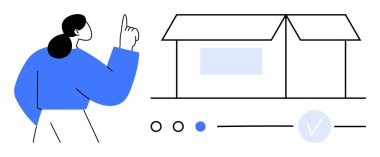 Kadının biri aşağıdaki seçim aletleriyle evi işaret ediyor. Mülk listeleme siteleri, gayrimenkul, ev satın alma rehberleri, çevrimiçi platformlar, ev geliştirme hizmetleri, mimari planlama, iç mimari planlama için ideal