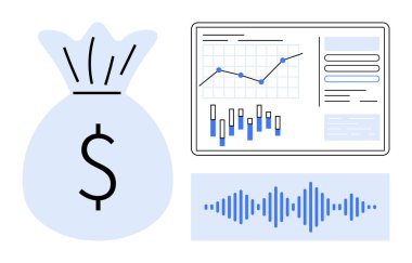 Dolar işaretli para çantası, çizgi ve çubuk grafikli analitik panel, aşağıdaki mavi ses dalgası grafiği. Finans, veri analizi, yatırım, mali planlama, teknoloji girişimleri, pazarlama için ideal
