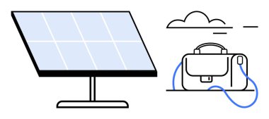 Güneş paneli bir bulutun altındaki mavi bir kabloyla bir çantaya bağlı. Yenilenebilir enerji, sürdürülebilirlik, çevre dostu cihazlar, taşınabilir güç çözümleri, yeşil teknoloji, açık hava