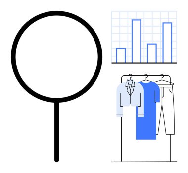 Büyüteç, bar grafiği ve askıdaki giysiler. Pazar araştırması, veri analizi, perakende sektörü, analitik, giyim sektörü istatistikleri ve tüketici eğilimleri için ideal. Satır metaforu