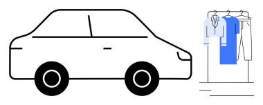 Gömlekler ve pantolonlar da dahil asılı kıyafetlerin yanına park edilmiş bir araba. Alışveriş, seyahat, moda, taşınma, çamaşır hizmetleri, reklam, ulaşım temaları için ideal. Satır metaforu