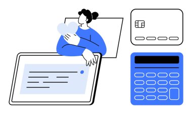 Kalbi, tableti, mesajı, kredi kartını ve hesap makinesini kucaklayan biri. Finans, bankacılık, teknoloji, çevrimiçi alışveriş parası yönetimi e-ticaret ve bütçe yönetimi için ideal. Satır metaforu