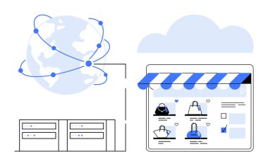 Dünya haritası ağı, bulut sunucusu ve alışveriş malzemeleri ile çevrimiçi mağaza önü. E-ticaret, küresel ticaret, bulut hesaplama, çevrimiçi işletmeler, İnternet bağlantısı, dijital pazarlama ağı için ideal