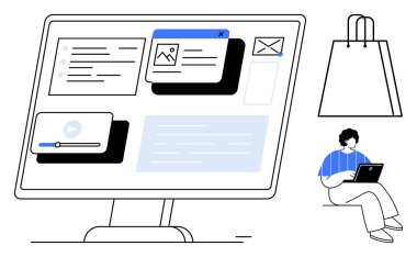 Bilgisayar monitörü e-posta, medya oynatıcı ve alışveriş arabası gibi çeşitli web siteleri gösteriyor. Alışveriş çantasının yanındaki dizüstü bilgisayarı kullan. E-ticaret, web tasarımı, dijital pazarlama için ideal