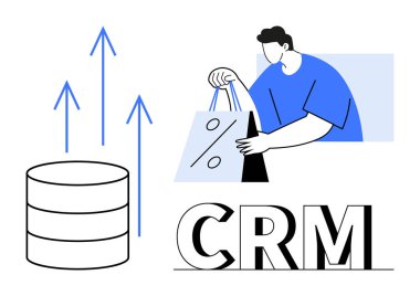 Man holding shopping bags, arrows pointing upward, cylinder database, and CRM text. Ideal for CRM, business growth, online shopping, data management marketing sales customer service. Line metaphor clipart