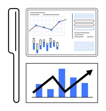 Veri grafikleri, bar grafikleri, yanında kalem olan bir ekranda gösterilen satır grafikleri. Sunumlar, raporlar, veri analizi, iş stratejisi, mali planlama, analitik ve tahmin için ideal