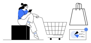 Bir blokta oturan bir kadın, cep telefonu kullanıyor, yanında alışveriş arabası, alışveriş çantası ve veri tablosu. E-ticaret, çevrimiçi alışveriş, perakende satış, dijital pazarlama tüketici davranış mobil uygulaması için ideal