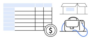 Veri tablosu, dolar işareti, ofis çantası ve ev özeti olan bozuk para. Finans, iş planlaması, ofis işi, uzaktan çalışma, gayrimenkul, bütçe ve finansal araçlar için ideal. Satır metaforu