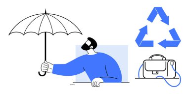 Şemsiye tutan adam, evrak çantası üç okluk geri dönüşüm sembolünün yanında. Sürdürülebilirlik, iş güvenliği, çevre koruma, kurumsal sorumluluk, çevre dostu uygulamalar, güvenlik için ideal