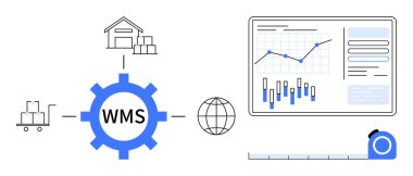 Depo yönetimi teçhizatı ambara, arabaya, küreye ve haritalarla analitik ekrana bağlı. Lojistik, envanter yönetimi, tedarik zinciri, veri analizi, iş stratejisi için ideal