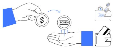 Jeton için dolar değişimi, ikonlu elektronik cüzdan, kredi kartı. Finans, dijital işlemler, kripto para, yatırım, fintech bankacılık e-ticaret için ideal. Satır metaforu