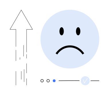 Yukarı doğru giden bir okun, üç küçük dairenin ve bir ilerleme göstergesinin yanında üzgün surat ifadesi. Duyguları iletmek için ideal, ilerleme, büyüme sorunları, kullanıcı arayüzü tasarımı, duygusal durumlar, geri bildirim