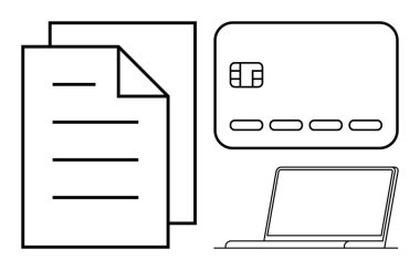 Banka belgeleri, kredi kartı ve dizüstü bilgisayar. Çevrimiçi işlemler, bankacılık, mali yönetim, dijital ödemeler, uzaktan çalışma e-ticaret güvenliği için idealdir. Satır metaforu