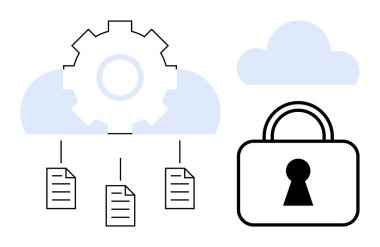 Belgelere bağlı bulut teçhizatı, başka bir bulutun yanında büyük bir asma kilit. Siber güvenlik, bulut bilgisayarı, veri koruması, güvenli depolama, teknoloji yönetimi, bilişim hizmetleri için ideal