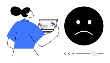 Dizüstü bilgisayarı elinde tutan, verileri analiz eden, üzgün suratlı bir kadın. İş ölçümleri, geri bildirim, üretkenlik analizi, performans değerlendirmesi, kullanıcı deneyimi, sunum verileri için ideal