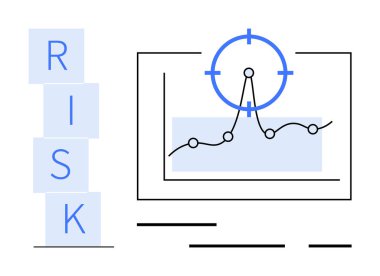 Graph with fluctuating line monitored by blue target symbol, indicating risk assessment. Letters RISK vertically stacked. Ideal for business strategy, finance, project planning, analytics, decision clipart