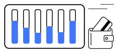Üst üste dizilmiş mavi sıvıyla kısmen dolu altı test tüpü. Cüzdanın sağ tarafında bir kredi kartı var. Finans, analiz, araştırma, biyokimyasal çalışmalar, sağlık teşhisleri için ideal
