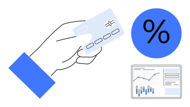 El ele tutuşan kredi kartı, mavi yüzde işareti ve grafikli veri ekranı. Finans, bankacılık, kredi, analiz, yatırım, tasarruf ve bütçe temaları için ideal. Satır metaforu