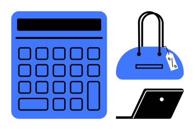 Büyük mavi hesap makinesi, üzerinde etiket olan mavi bir çanta ve siyah laptop aç. E-ticaret, alışveriş, bütçe, finansal planlama, çevrimiçi mağazalar satışlar ve pazarlama kavramları için idealdir. Satır metaforu
