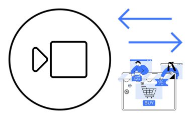 Çevrimiçi alışveriş senaryosunun yanında nakit para ve indirim sembolleri olan video arama simgesi. E-ticaret, çevrimiçi alışveriş, müşteri desteği, video konferansı, perakende pazarlama, dijital ödemeler için ideal