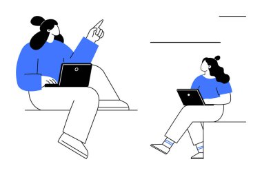 İnsanlar dizüstü bilgisayarlarıyla oturup fikirleri tartışıyor. Bir kişi jest yapar, diğeri dikkatle dinler. Takım çalışması, işbirliği, iş iletişimi, eğitim, uzaktan çalışma, beyin fırtınası için ideal