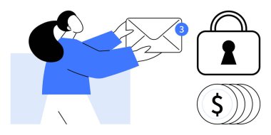 Elinde uyarı sembolü ve asma kilit ve dolar simgeleriyle birlikte büyük bir zarf tutan bir kadın. E- posta iletişimi, güvenli mesajlaşma, çevrimiçi ödemeler, dijital pazarlama, finansal