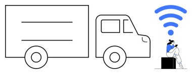 Tablet kullanan bir kutunun üzerinde oturan bir kadının yanında düz dizaynlı bir nakliye kamyonu var. Lojistik, telekomünikasyon, kargo yönetimi, dijital dönüşüm, mobil ofis, uzaktan çalışma için ideal