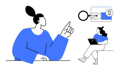 İki kadın bilgisayar ve büyüteçle etkileşime girer, analitik işbirliği içinde tartışırlar. Takım çalışması, işbirliği, araştırma, beyin fırtınası, iletişim, eğitim, veri