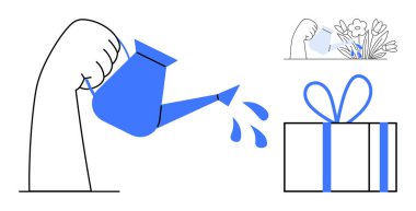 El ele tutuşmalar, su sıçratmalar, fiyonkla bağlanmış hediye kutuları, çiçek sulama kolları. Büyüme, yetiştirme, bahçıvanlık, hediye verme doğa desteği için idealdir. Satır metaforu