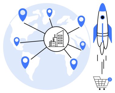 Merkezi bir iş simgesine bağlı konum işaretleyicileri olan küresel harita bir roket fırlatma ve tebligatlı alışveriş arabası. Ticari büyüme, uluslararası ulaşım, girişimler, lojistik için ideal