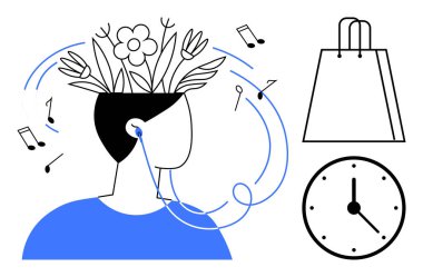 Başında müzik notalarıyla çevrili kulaklık ve çiçeklerle büyüyen biri. Alışveriş çantası ve saat de dahil. Rahatlama, yaratıcılık, farkındalık, psikoloji, müzik, zaman yönetimi için ideal