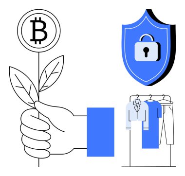 El ele tutuşan Bitcoin fabrikası, kilitli mavi kalkan, askılarda giysi. Finans, büyüme, güvenlik, dijital para birimi, e-ticaret yatırım perakendecisi için ideal. Satır metaforu