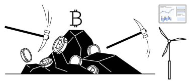Kazmalar taşlara Bitcoin sembolleri, rüzgar türbini, grafikler ve verilerle vuruyor. Engelleme zinciri, kripto para birimi, yenilenebilir enerji, finans, teknoloji, yatırım için ideal