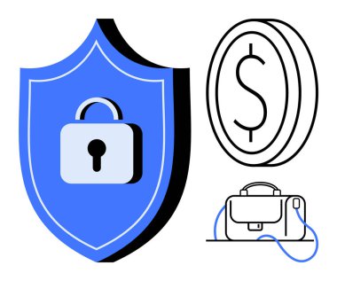 Bir dolar ve evrak çantasının yanında birleşik kilit sembolü olan bir kalkan. Finansal güvenlik, bankacılık, yatırım, sigorta, siber güvenlik, dolandırıcılık önleme, tasarruflar için ideal. Satır metaforu