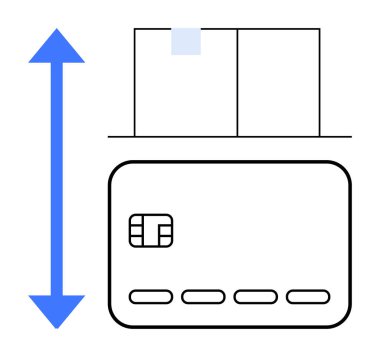Boyut veya boyut belirten dikey oklu bir teslimat paketinin yanında kredi kartı. E-ticaret, nakliye, çevrimiçi alışveriş, ödeme işleme, dağıtım hizmetleri, lojistik, perakende satış için ideal