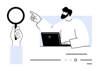 Dizüstü bilgisayarda çalışan biri bir şeyi işaret ederken, diğeri büyüteç tutuyor. Araştırma, analiz, teftiş, teknoloji, eğitim, iş ve sorun çözme konuları için idealdir. Çizgi