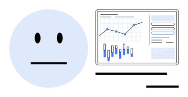 Veri analizi grafiğinin yanında ifadesiz yüz hatları ve bar çizelgeleri var. İş analizleri, duygusuz tepkiler, veri yorumlaması, istatistiksel analiz, performans ölçümleri için ideal