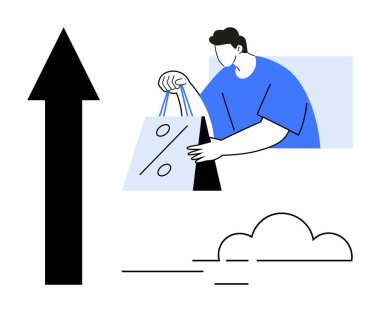 Üzerinde yüzde işareti olan bir alışveriş torbası, büyümeyi gösteren büyük bir ok ve bulut öğesi taşıyan bir figür. Pazarlama, satış, büyüme, iş stratejisi, e-ticaret ve tüketici için ideal