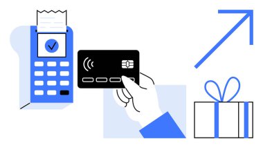 Ödeme terminali yakınında bir kredi kartı, makbuz, hediye kutusu, yukarı doğru ok. Finans, perakende, teknoloji, pazarlama, e-ticaret güvenliği ödüllendirir. Satır metaforu