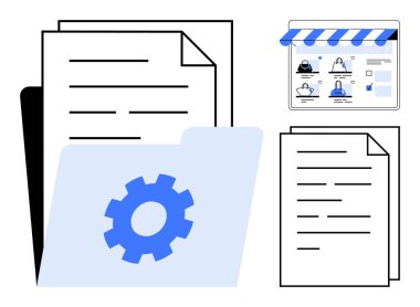 Dişli simgesi olan dizin, metin satırlı kağıtlar, ürün simgeleriyle çevrimiçi mağaza önü. Organizasyon, dijital depolama, ofis yönetimi, e-ticaret, belge kontrolü, çevrimiçi hizmetler için ideal