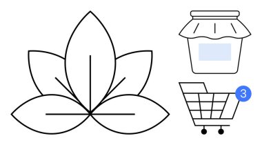 Siyah beyaz bir yaprak çizimi etiketli bir reçel kavanozu ve bilgilendirme balonlu bir alışveriş arabası. Doğa, gıda, alışveriş, ürünler, organik ve ekommerans konuları için ideal