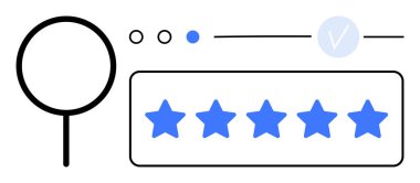 Büyüteç sembolü, beş yıldızlı mavi derecelendirme, onay işareti, ayarlar. Müşteri değerlendirmeleri, kalite değerlendirmesi, geri bildirim analizi, performans değerlendirmesi, kullanıcı memnuniyeti için ideal