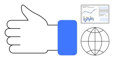 Sembolü, grafikleri ve çubukları olan analiz çizelgesini ve bir dünya simgesini parmakla. İş analizleri, küresel ulaşım, sosyal medya katılımı, onay oranları, piyasa araştırmaları, veri sunumu için ideal