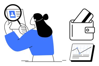 Büyüteçle belgeleri tutan ve analiz eden kişi. Cüzdanında kredi kartı, grafiğinde de yükselme eğilimi var. Finans, analiz, kimlik doğrulama, güvenlik, bankacılık, iş için ideal