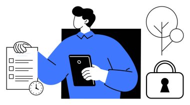 Elinde saat yönetimi gösteren tablet ve kontrol listesi olan bir adam büyümeyi temsil eden bir ağaç ve güvenlik kilidi var. Üretim, organizasyon, güvenlik, zaman yönetimi, dijital için ideal