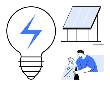 Light bulb with energy symbol, solar panel, person holding shopping bags with discount symbol. Ideal for sustainability, renewable energy, eco-friendly living, shopping, technology, environment clipart