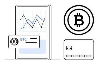 Şifreli para ticareti, Bitcoin simgesi ve banka kredi kartı gösteren mobil cihazın grafiği. Finans, kripto para birimi, ticaret, dijital ödemeler, blok zinciri, yatırım fintech için ideal