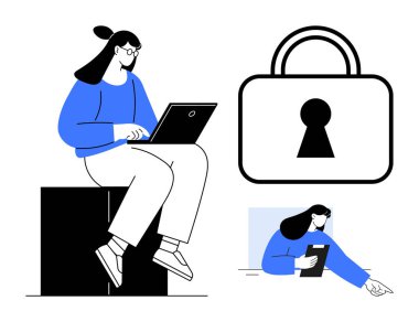 Dizüstü bilgisayar kullanan bir kadın, büyük bir güvenlik kilidi ve not alan bir kadın. Siber güvenlik, çevrimiçi güvenlik, veri koruması, uzak çalışma, dijital belgeler, bilgi güvenliği gizlilik koruması için ideal
