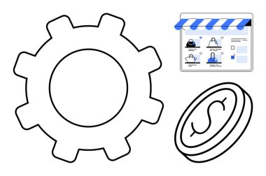 Vites ana hatları, dolar sembollü madeni para ve mavi elementli online alışveriş sayfası. Finans, e-ticaret, iş stratejisi, çevrimiçi işlemler, teknoloji, dijital pazarlama web sitesi için ideal